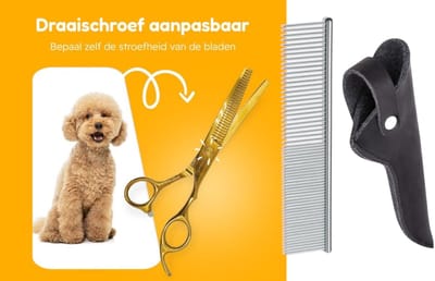 Professor Q – Professionele Effileerschaar – Uitdunschaar Kapper Rechtshandig – Goud met Luxe Lederen Etui – 16,5 cm – Zwart + Anti-Klit Kam – Pijnloos & Huisdiervriendelijk