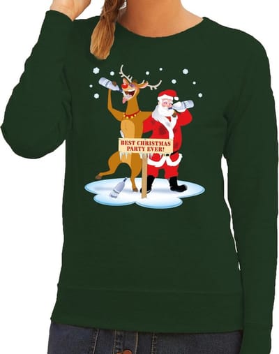 Bellatio Decorations Foute kersttrui - sweater - dronken kerstman en rendier Rudolf - na kerstborrel - groen - voor dames - Kersttruien XS
