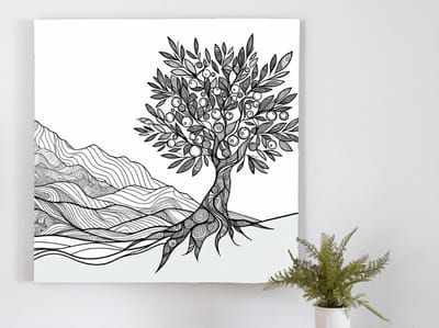 Line art olijfboom schilderij | Olijfboom lijnenspel: een artistieke ode aan de natuur | Kunst - 100x100 centimeter op Canvas | Foto op Canvas