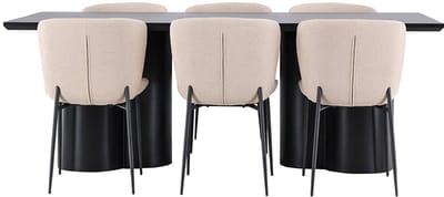 Olivia eethoek tafel 100x210cm en 6 bouclé stoelen zwart.
