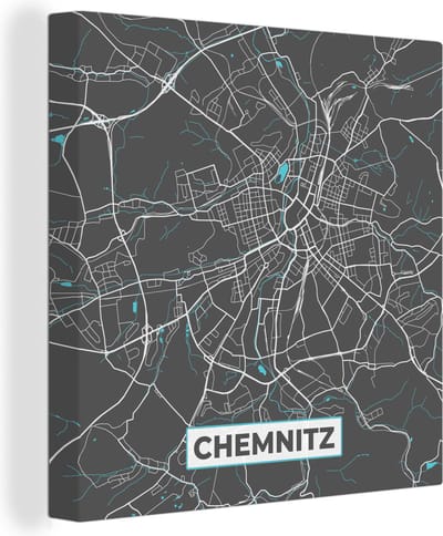 Canvas Schilderij Kaart – Plattegrond – Stadskaart – Chemnitz – Duitsland – Blauw - 20x20 cm - Wanddecoratie