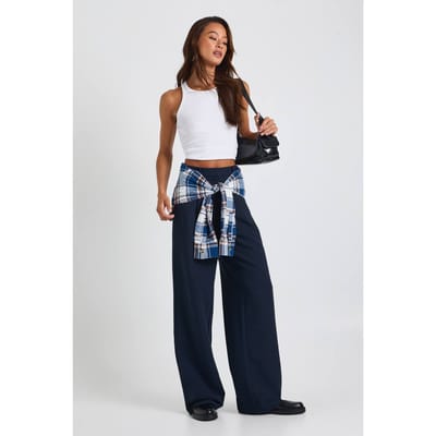 boohoo Dames Hoge Essentiele Broek met Wijde Pijpen, op maat gemaakt | Marineblauw | Maat: 36