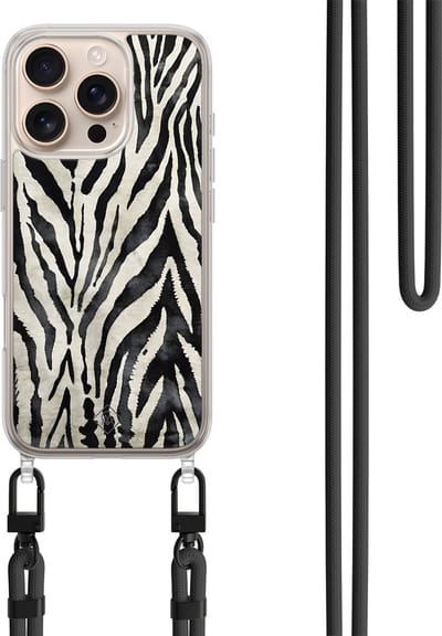 Casimoda® hoesje met koord - Geschikt voor iPhone 16 Pro Max - Zebra Safari - Afneembaar koord - TPU/polycarbonaat - Zwart