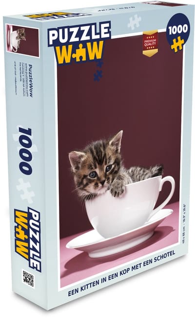 Puzzel Een kitten in een kop met een schotel - Legpuzzel - Puzzel 1000 stukjes volwassenen