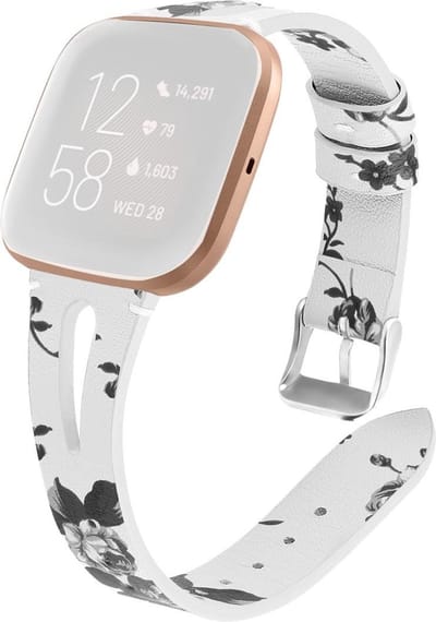 By Qubix - Compatible Fitbit bandje - geschikt voor Fitbit Versa 1 / 2 & Lite bandje TPU leer - Bloemenprint wit Smartwatchbandje bandje Armband Polsband Strap Band Watchband