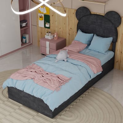 DESMIU Gestoffeerd Bed 90x200cm – Speels Hoofdbord Met Cartoonvorm – Gaslift Opbergruimte Onder Het Bed – Voor Kinderkamer – Stof En Metaal – Grijs Zonder Matras