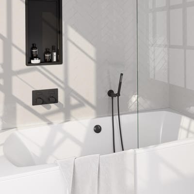 Brauer Black Carving Thermostatische Inbouw Badkraan Drukknoppen - Badvulcombinatie - Staaf - Doucheslang - Wandaansluitbocht - Handdouche - Mat Zwart