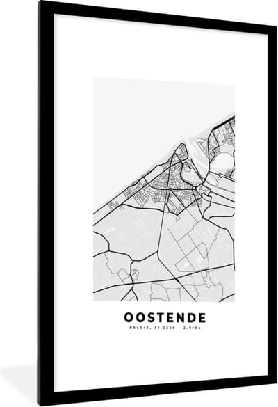 Fotolijst incl. Poster Zwart Wit- België – Oostende – Stadskaart – Kaart – Zwart Wit – Plattegrond - 60x90 cm - Posterlijst