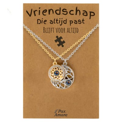 BFF Ketting voor 2 'Vriendschap die altijd past' - Rondjes ILY IN 100 TALEN - Vriendschapsketting op Cadeau Kaartje - 45cm + 5cm verstelbaar - Goudkleurig & Zilverkleurig - Best Friends Hanger - Pax Amare