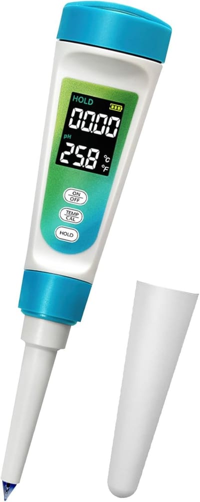 Voedselveilige pH-meter, professionele pH-tester, met verlicht LCD-scherm en automatische temperatuurcompensatiefunctie, zeer nauwkeurige digitale pH-meter met een nauwkeurigheid van 0,01, geschikt voor voedsel, vlees, kaas, halfvaste grond en water.