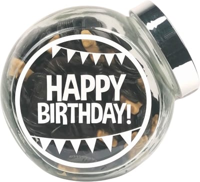Snoeppot met deksel, gevuld met drop "Happy Birthday", verjaardag - snoepcadeautje