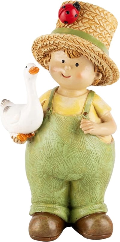 Dekoratief | Jongen m/hoed en gans, groen/geel, resina, 9x6x18cm | A240606