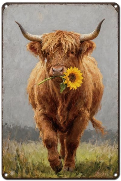 Dailygoods- Tinnen Bord Vintage - Decoratie Bord - Metalen Bord - Boerderij Deurbord - Hooglandse Koe - 20 x 30 cm - Decoratiebord