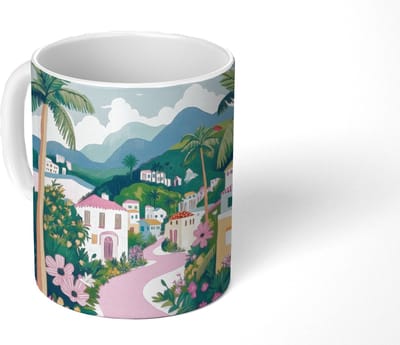 Mok - Koffiemok - Kleurrijk - Huizen - Heuvels - Roze - Mokken - 350 ML - Beker - Koffiemokken - Theemok