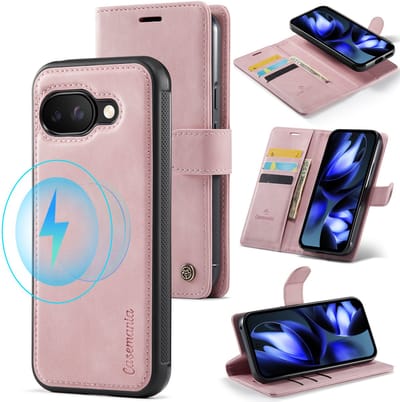 Casemania Hoesje Geschikt voor Google Pixel 9a - Pale Pink - 2 in 1 Magnetische Book Case met Uitneembare Back Cover - Geschikt voor MagSafe - Telefoonhoesje met Pasjeshouder