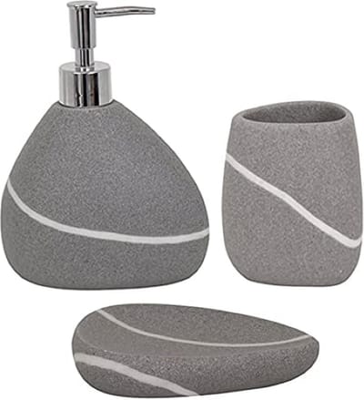MSV Badkamer set van 3 - ZEN - Zeeppompje, zeepbakje en beker - Keramiek - Grijs