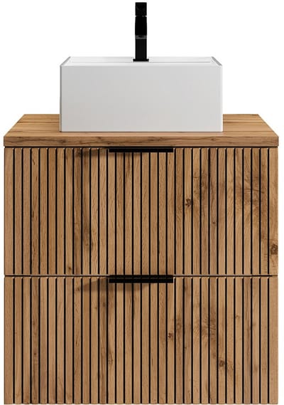 Vente-unique Zwevend badkamermeubel geribbeld met vierkante opzet wastafel - Licht natuurlijk en zwart - 60 cm - MADELA
