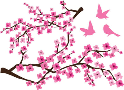 Zelfklevende muurstickers - 2 takken met Japanse kersenbloesem en 3 vogels - 100x135cm