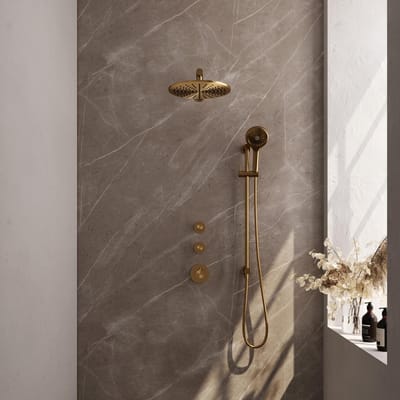 Brauer Gold Edition Thermostatische Regendoucheset Inbouw - Hoofddouche 30 cm - Rechte Wandarm - Handdouche 3 Standen - Doucheslang - Geintegreerde Glijstang - Geborsteld Goud
