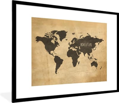 Poster in lijst - Fotolijst 80x60 cm - Posters - Wereldkaart - Retro - Bruin - Posterlijst zwart - Decoratie - Wanddecoratie woonkamer - Muurdecoratie slaapkamer