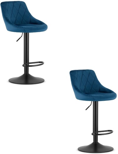 Set van 2 Barkrukken AREX - Velvet Blauw, Mat Zwarte Basis, Rugleuning, Modern Design, Hoogte Verstelbaar, 360° Draaibaar, Max. 120 kg