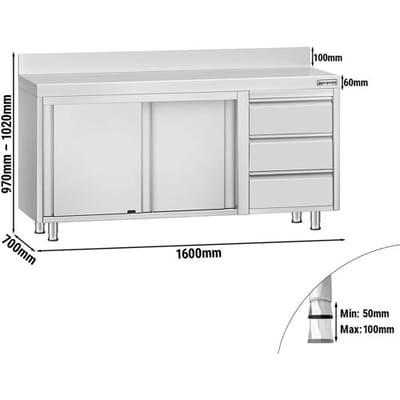 GGM Gastro Edelstahl Arbeitsschrank ECO - 1600x700mm - mit 3 Schubladen rechts & Aufkantung Zilver