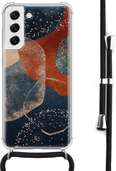 Hoesje met koord geschikt voor Samsung Galaxy S21 FE - Abstract terracotta - Inclusief koord - Crossbody beschermhoes - Transparant, Blauw - Mooie Telefoonhoesjes