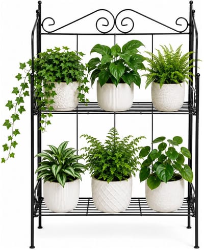Esschert Design Plantenrek Levy - zwart - staal - 80 x 55 x 25 cm - etagere - inklapbaar