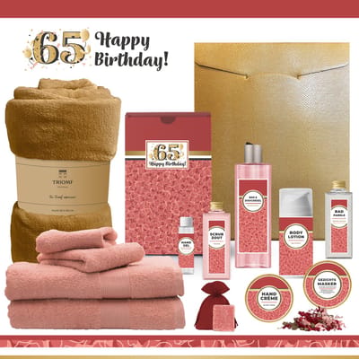 Geschenkset “65 Jaar Happy Birthday!” - 13 producten - 1980 gram | Cadeau Verjaardag - Luxe wellness cadeaubox - Giftset Speciaal voor Haar - Gefeliciteerd - Verjaardag - Cadeaupakket - Gift Set Party - Verjaardagscadeau Goud - Rood