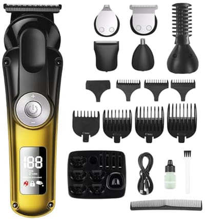 Professionele 6-in-1 Tondeuse voor Mannen - Waterdicht met LED-display en Draadloze Oplaadfunctie
