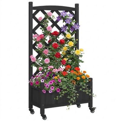 Plantenbak met klimrek - Bloembak - Weerbestendig - Plantenrek - Met trellis - Met wieltjes - Buiten - Hout - 48 Liter - Zwart
