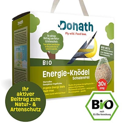 Donath BIO Energiebol Gepeld, in een bio-netje - mezenbol in een bio-netje - 100g per bol - gepeld - waardevol vogelvoer voor alle seizoenen - geproduceerd in Zuid-Duitsland