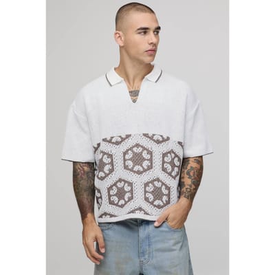 Oversized Boxy Spliced Crochet Tapestry Knitted Polo T-Shirt | Burgundy | Size Small