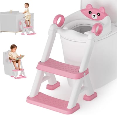 Zindelijkheidstrainingszitje met Treden - Peuter Toiletbril Potje Training - Zelfstandig Zindelijk Worden - Verstelbare Hoogte Opvouwbaar - Universeel Toilet - Roze