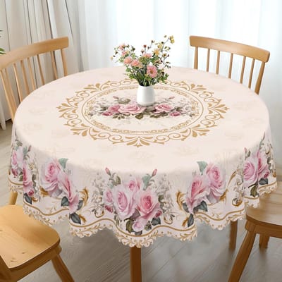 Couronne de fleurs du Jour de l'Indépendance Nappe rectangulaire imperméable Fleur étoile rouge bleue Drapeau USA Housse de table pour dîner cuisine Round(180)Cm