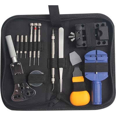 Horlogereparatiegereedschapssets Metaal Complete Horloge Vervangingsgereedschappen met Draagkoffer voor Reparateur 16 stuks black