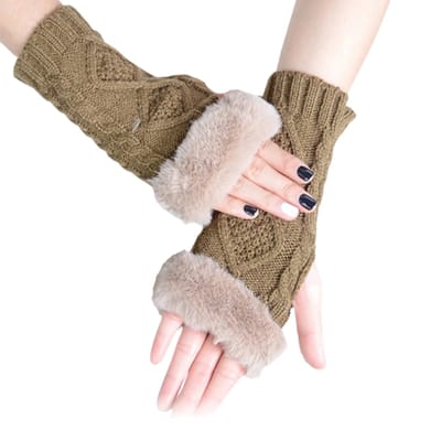 Winkrs - Kaki Polswarmers met nepbont - Vingerloze handschoenen Dames -groen/bruin