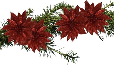 Kerstboomversiering Bloemen - 4x stuks - 9 cm - rood glitter - op clip
