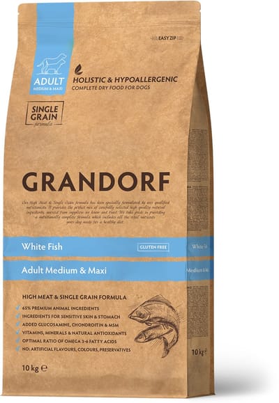 Grandorf - Hondenvoer - Witte vis en Bruine Rijst - alle rassen - Gevoelige huid en vacht - Allergie gevoelig - 10KG