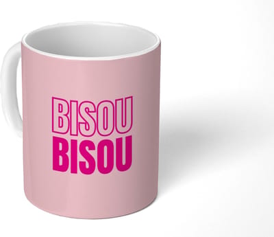 Mok - Koffiemok - Bisou - Roze - Minimalistisch - Mokken - 350 ML - Beker - Koffiemokken - Theemok - Mok met Tekst