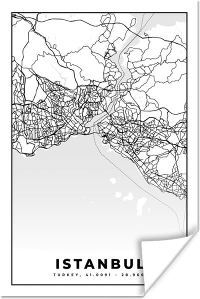 Poster Istanbul - Plattegrond - Stadskaart - Zwart Wit - Kaart - 120x180 cm XXL