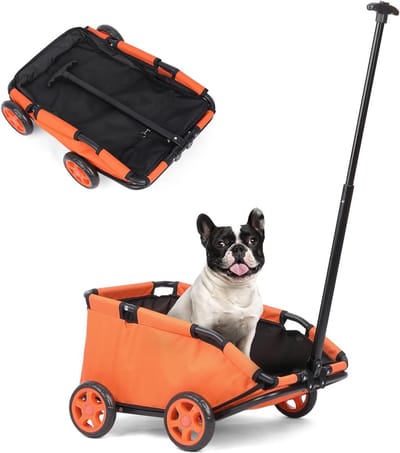 Mini hondenkinderwagens voor kleine huisdieren, opvouwbare multifunctionele winkelwagentjes met uitschuifbare trekgreep, hondenwagen, ingebouwd kussen en veiligheidstouw met opbergtas (oranje)