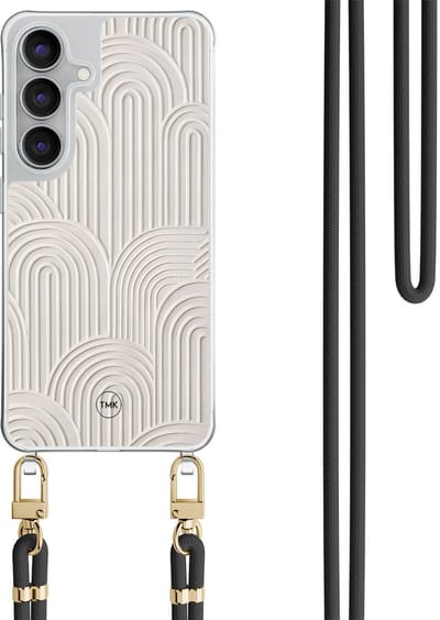 Telefoonhoesje met koord geschikt voor Samsung S25 FE - Sand curves - Inclusief Zwart koord - Transparant, Beige - Geometrisch patroon - Crossbody beschermhoes - Met Telefoonketting