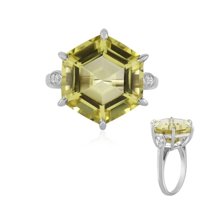 Cavill - Ring 925 Sterling Zilver Geplatineerd - 10,17 ct Gehexagoneerde Limoenkwarts - 0,08 ct Tanzanische Zirkonia - Modern & Elegant