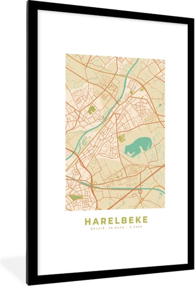 Fotolijst incl. Poster - Retro - Kaart - Plattegrond - Harelbeke - Stadskaart - 80x120 cm - Posterlijst
