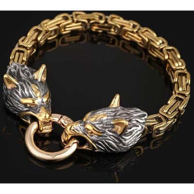 Nordic Vikings Keltische Wolf Head Armbanden Heren Roestvrij Staal Oding Wolf Bangles Amulet Nooit Vervaagd Goud Koningsketting Rock Sieraden 23cm brown