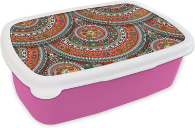 Broodtrommel Roze - Lunchbox - Brooddoos - Cirkels - Azteken - Patronen - Zuid-Amerika - 18x12x6 cm - Kinderen - Meisje
