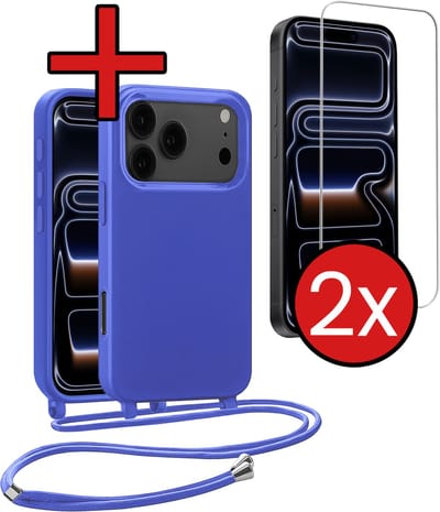 Hoesje Geschikt voor iPhone 17 Pro / 18 Pro Hoesje Siliconen Case Met Koord Met 2x Screenprotector - Hoes Geschikt voor iPhone 17 Pro / 18 Pro Hoesje Backcover Met Telefoonkoord - Felblauw