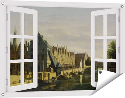 Gards Tuinposter Doorkijk De Waag en de Kraan aan het Spaarne te Haarlem - Gerrit Adriaensz Berckheyde - 90x60 cm - Tuindoek - Tuindecoratie - Wanddecoratie buiten - Tuinschilderij