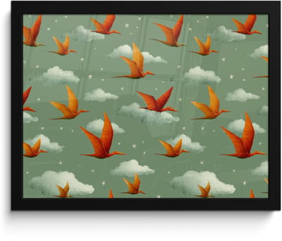 Poster in lijst - Fotolijst 40x30 cm - Posters - Dinosaurussen - Wolken - Sterren - Oranje - Posterlijst zwart - Decoratie - Wanddecoratie woonkamer - Muurdecoratie slaapkamer